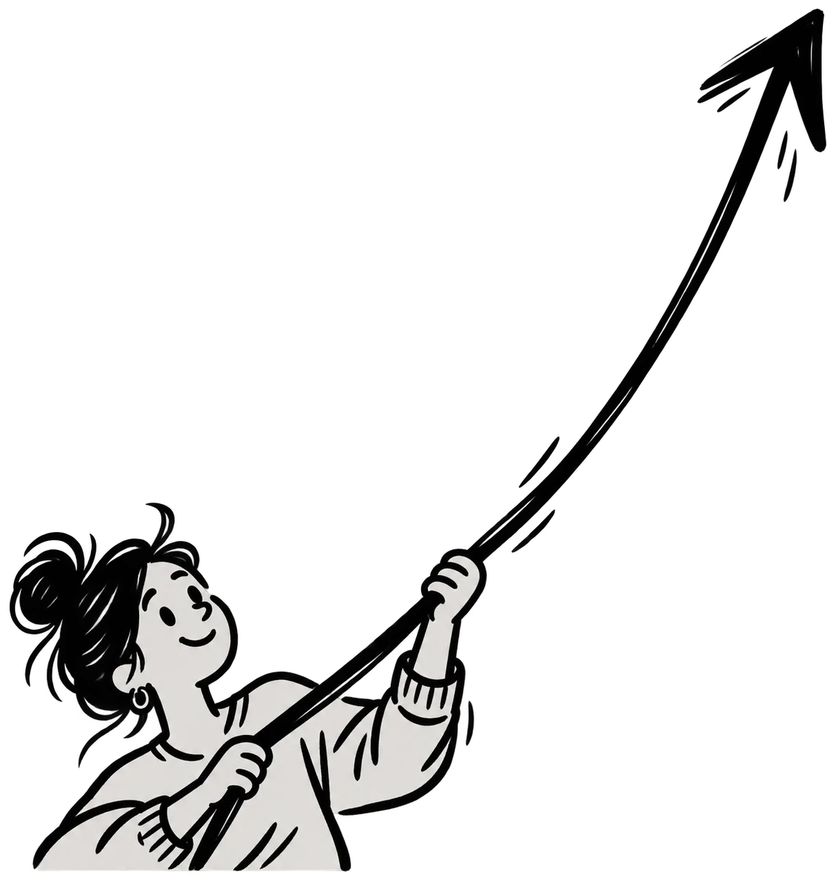 Line drawing of a person holding up a rising arrow