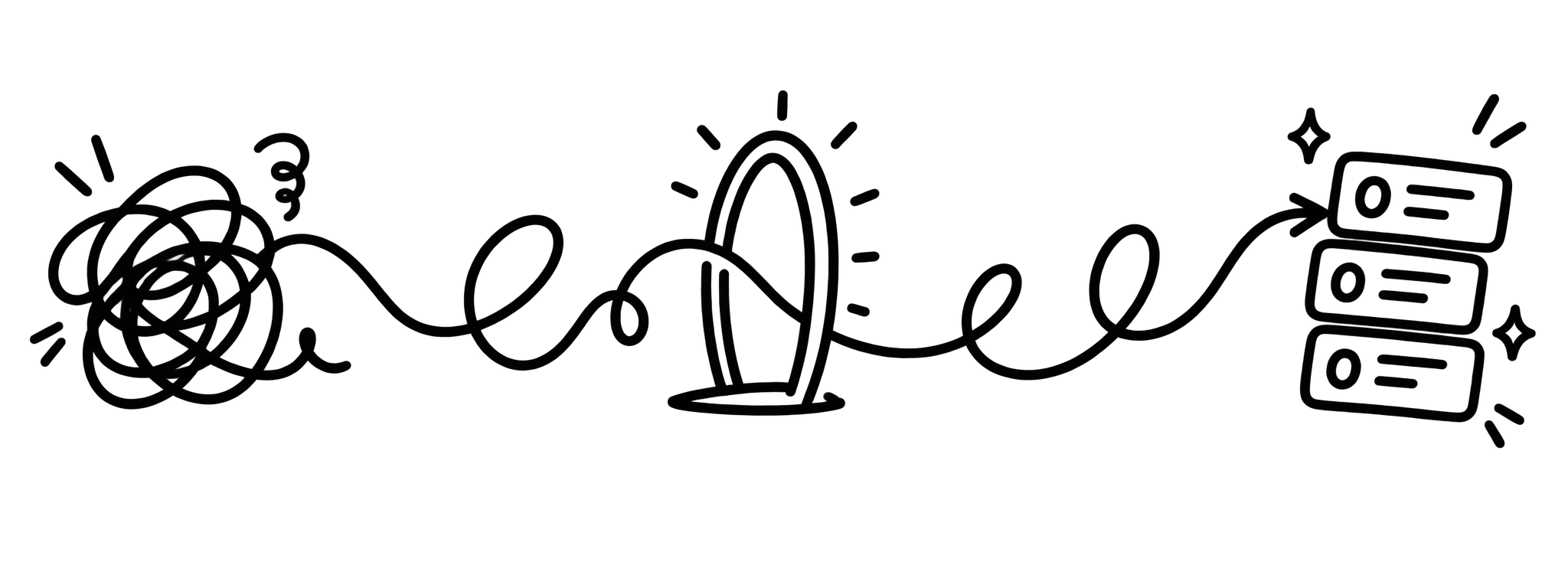 Line drawing of a tangled knot becoming a single line that passes through an arch and ends in three tidy stacked cards